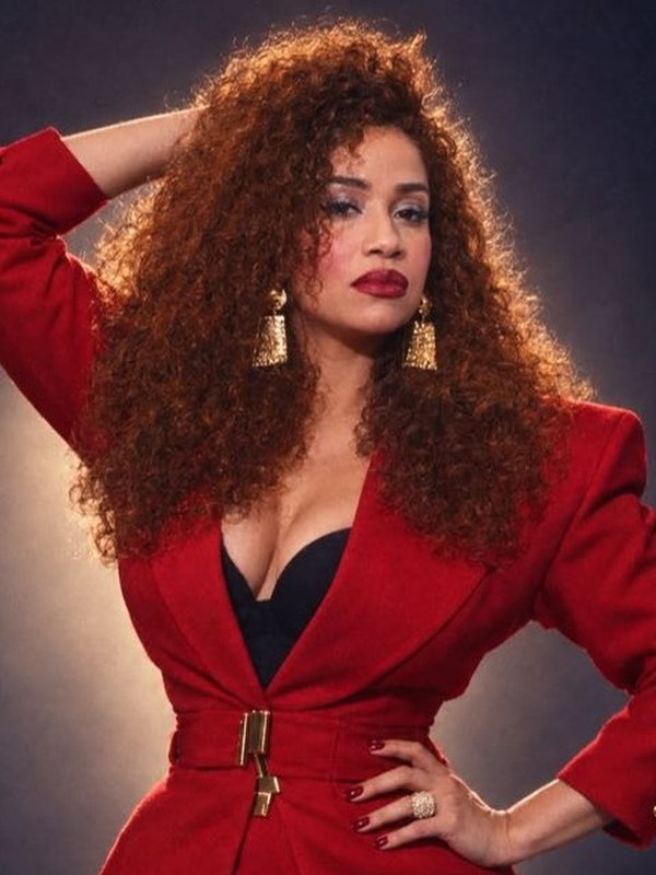 Retrato de Indira Rubiera con traje rojo