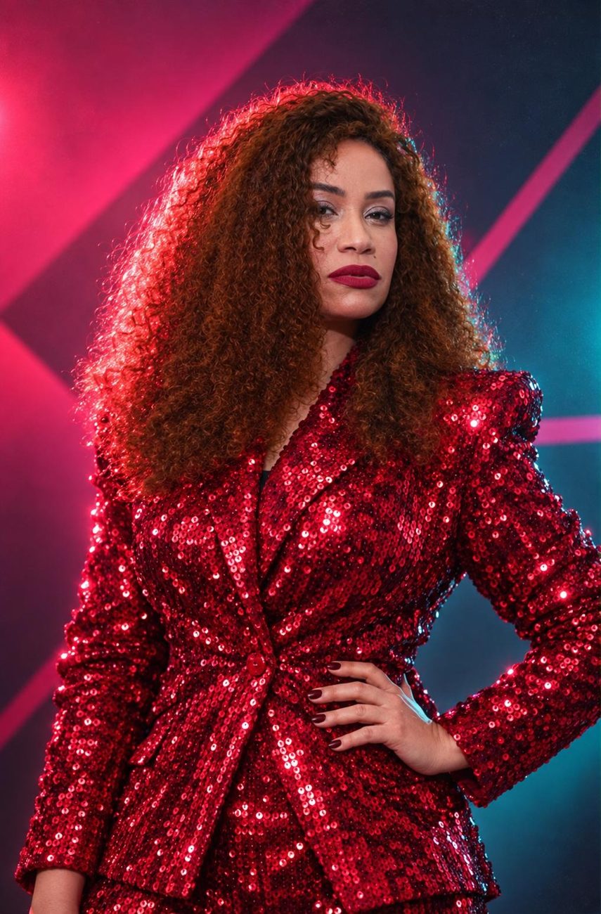 Indira Rubiera con traje rojo de lentejuelas